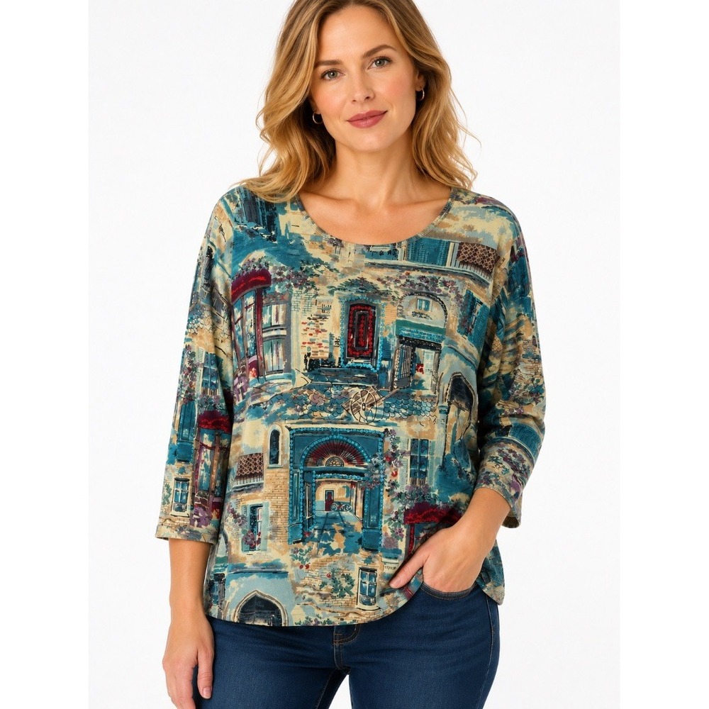 Take Two Clothing Co Womens Plus Blouse Top Architectural Print Sequin 1X NWT
